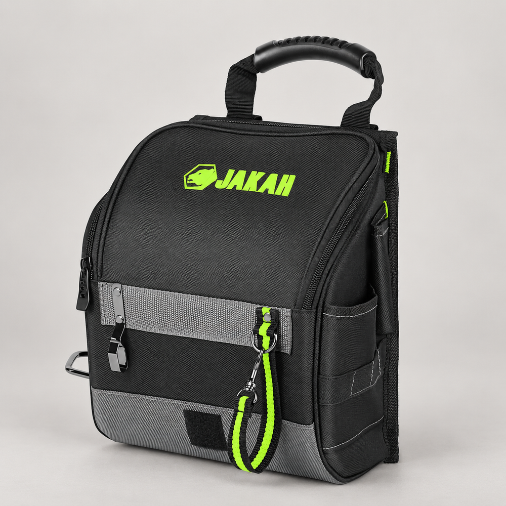 Studio-retouched view of the black and green JAKAH tool pouch. Pouch only; tools not included.